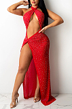 Red Sexy Night Club Hot Drilling Crystal Mesh See Through Long Dress XZ5326-3