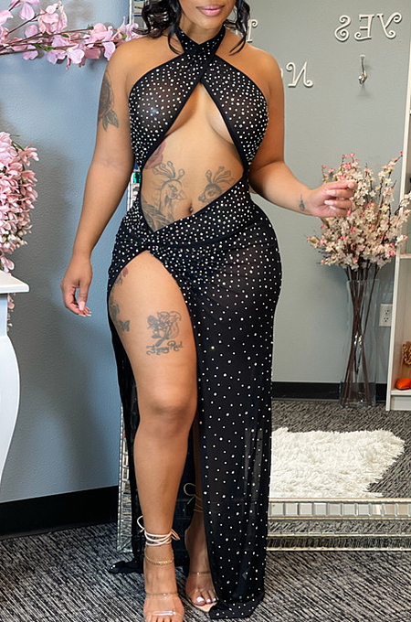 Apricot Sexy Night Club Hot Drilling Crystal Mesh See Through Long Dress XZ5326-4