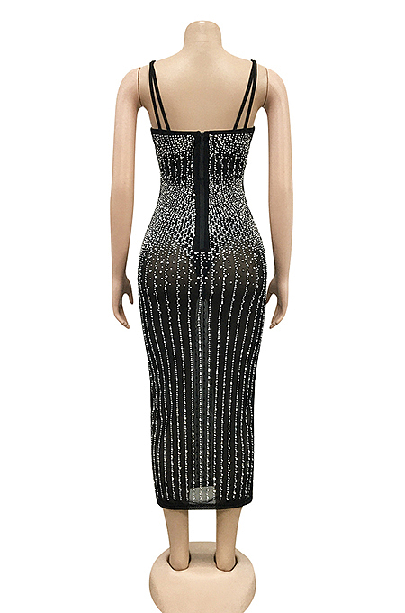 Black Spaghetti Strap See Throgh Mesh Hot Drilling Club Dress