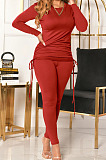 Black Women Long Sleeve Tight Solid Color Drawsting Casual Round Collar Pants Sets FMM2079-2