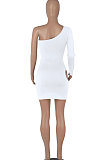 Blue Women One Shoulder Pure Color Hollw Out Single Sleeve High Waist Sexy Bodycon Hip Mini Dress FMM2093-7