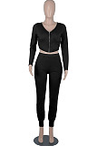 Bright Blue Womwn Autumn Long Sleeve V Collar Zipper Pure Color Sexy Bodycon Pants Sets FMM2051-5