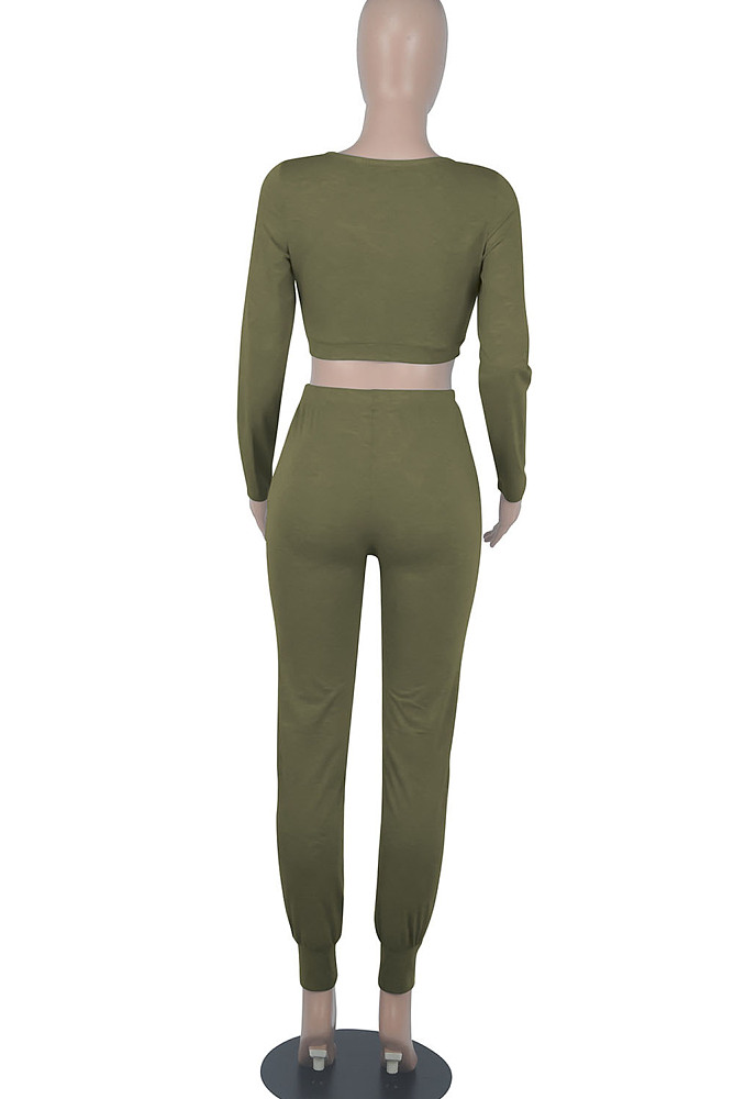 Army Green Womwn Autumn Long Sleeve V Collar Zipper Pure Color Sexy Bodycon Pants Sets FMM2051-4