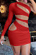Red Women One Shoulder Pure Color Hollw Out Single Sleeve High Waist Sexy Bodycon Hip Mini Dress FMM2093-2