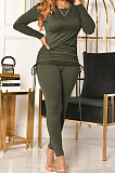 Army Green Women Long Sleeve Tight Solid Color Drawsting Casual Round Collar Pants Sets FMM2079-4