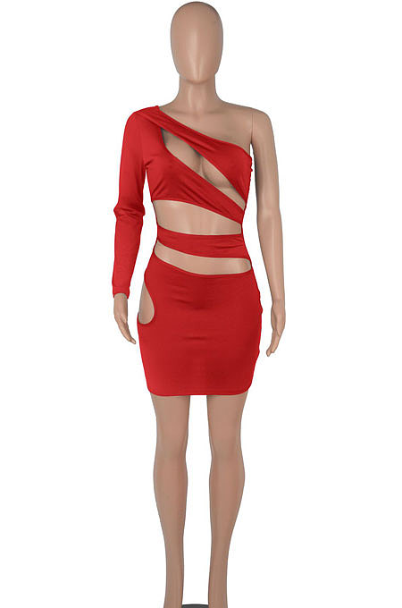 Green Women One Shoulder Pure Color Hollw Out Single Sleeve High Waist Sexy Bodycon Hip Mini Dress FMM2093-5