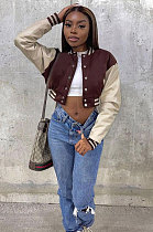 Brown Women Spliced Contrast Color Long Sleeve Pocket Jacket MOL171-3
