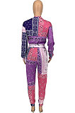 Green Blue Women Autumn Winter Fashion Casual Sport Round Collar Paisley Pants Sets GLS10030-2