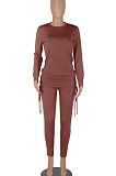 Dark Purple Women Long Sleeve Tight Solid Color Drawsting Casual Round Collar Pants Sets FMM2079-5