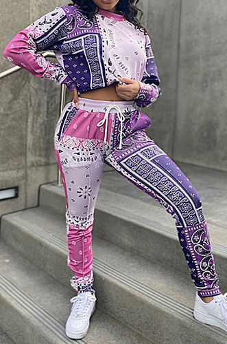 Green Blue Women Autumn Winter Fashion Casual Sport Round Collar Paisley Pants Sets GLS10030-2
