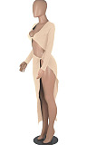 Wine Red Euramerican Women Solid Color Long Sleeve Crop High Split High Waist Long Dress FMM2081-2