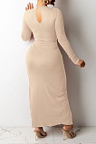 Army Green Euramerican Women Solid Color Long Sleeve Crop High Split High Waist Long Dress FMM2081-4