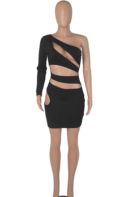 Wine Red Women One Shoulder Pure Color Hollw Out Single Sleeve High Waist Sexy Bodycon Hip Mini Dress FMM2093-3