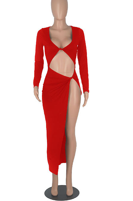 Black Euramerican Women Solid Color Long Sleeve Crop High Split High Waist Long Dress FMM2081-3