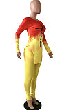 Yellow Wholesale Print Long Sleeve Round Neck Top Bodycon Pants Sets YNS1677-1