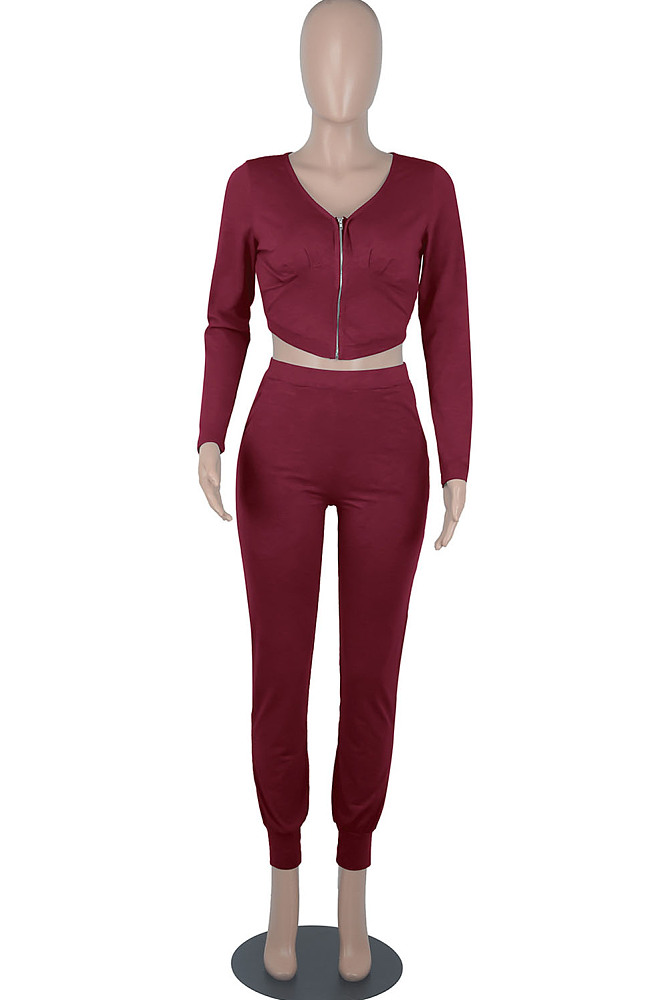 Gray Womwn Autumn Long Sleeve V Collar Zipper Pure Color Sexy Bodycon Pants Sets FMM2051-1