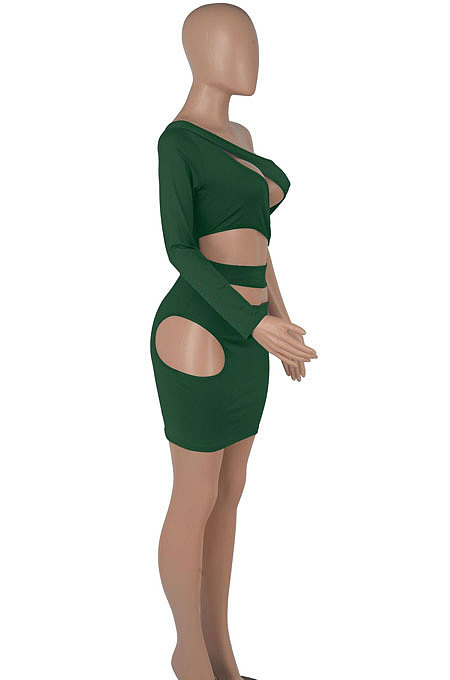 Wine Red Women One Shoulder Pure Color Hollw Out Single Sleeve High Waist Sexy Bodycon Hip Mini Dress FMM2093-3