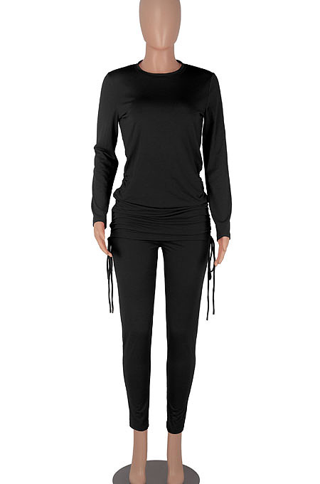 Wine Red Women Long Sleeve Tight Solid Color Drawsting Casual Round Collar Pants Sets FMM2079-6