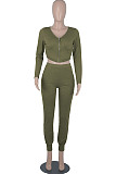 Army Green Womwn Autumn Long Sleeve V Collar Zipper Pure Color Sexy Bodycon Pants Sets FMM2051-4