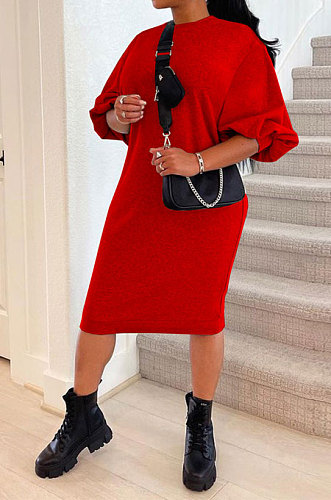 Red Women Fashion Casual Pure Color Loose Midi Dress GLS10031-3