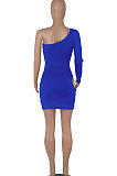 Black Women One Shoulder Pure Color Hollw Out Single Sleeve High Waist Sexy Bodycon Hip Mini Dress FMM2093-6