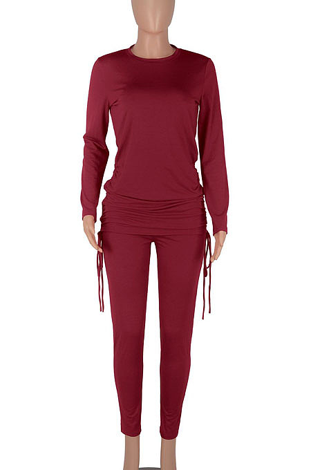Wine Red Women Long Sleeve Tight Solid Color Drawsting Casual Round Collar Pants Sets FMM2079-6
