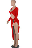 Khaki Euramerican Women Solid Color Long Sleeve Crop High Split High Waist Long Dress FMM2081-5