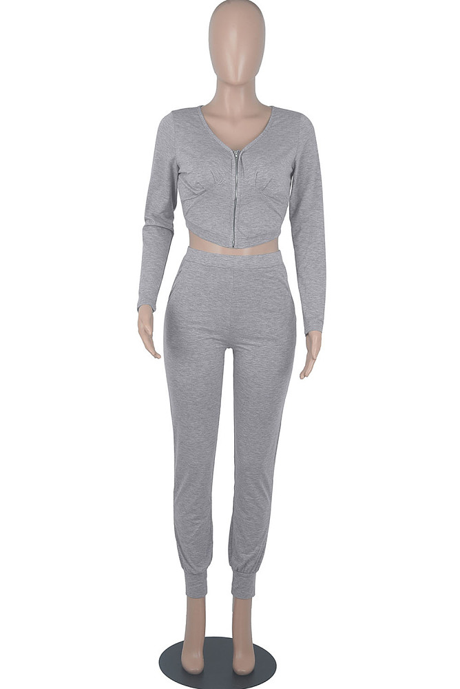 Black Womwn Autumn Long Sleeve V Collar Zipper Pure Color Sexy Bodycon Pants Sets FMM2051-2