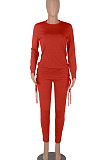 Red Women Long Sleeve Tight Solid Color Drawsting Casual Round Collar Pants Sets FMM2079-1