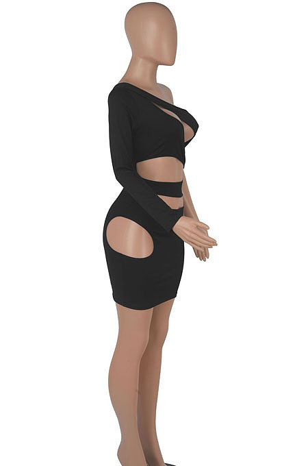 Wine Red Women One Shoulder Pure Color Hollw Out Single Sleeve High Waist Sexy Bodycon Hip Mini Dress FMM2093-3