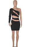 Blue Women One Shoulder Pure Color Hollw Out Single Sleeve High Waist Sexy Bodycon Hip Mini Dress FMM2093-7
