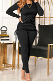 Red Women Long Sleeve Tight Solid Color Drawsting Casual Round Collar Pants Sets FMM2079-1