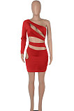 Blue Women One Shoulder Pure Color Hollw Out Single Sleeve High Waist Sexy Bodycon Hip Mini Dress FMM2093-7