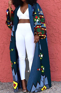Blue Women Fashion Joket Long Cardigan Loose Printing Jacket NO Waistband DY6943-5