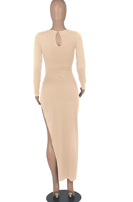 Khaki Euramerican Women Solid Color Long Sleeve Crop High Split High Waist Long Dress FMM2081-5