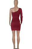 Red Women One Shoulder Pure Color Hollw Out Single Sleeve High Waist Sexy Bodycon Hip Mini Dress FMM2093-2