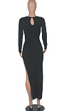 Black Euramerican Women Solid Color Long Sleeve Crop High Split High Waist Long Dress FMM2081-3