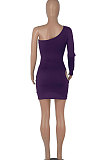 Black Women One Shoulder Pure Color Hollw Out Single Sleeve High Waist Sexy Bodycon Hip Mini Dress FMM2093-6