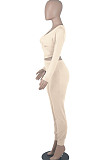Bright Blue Womwn Autumn Long Sleeve V Collar Zipper Pure Color Sexy Bodycon Pants Sets FMM2051-5