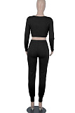 Black Womwn Autumn Long Sleeve V Collar Zipper Pure Color Sexy Bodycon Pants Sets FMM2051-2