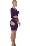 Blue Women One Shoulder Pure Color Hollw Out Single Sleeve High Waist Sexy Bodycon Hip Mini Dress FMM2093-7
