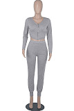 Gray Womwn Autumn Long Sleeve V Collar Zipper Pure Color Sexy Bodycon Pants Sets FMM2051-1