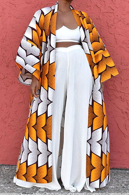 Yellow Women Fashion Joket Long Cardigan Loose Printing Jacket NO Waistband DY6943-2