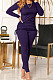 Dark Purple Women Long Sleeve Tight Solid Color Drawsting Casual Round Collar Pants Sets FMM2079-5