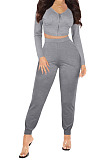 Wine Red Womwn Autumn Long Sleeve V Collar Zipper Pure Color Sexy Bodycon Pants Sets FMM2051-3