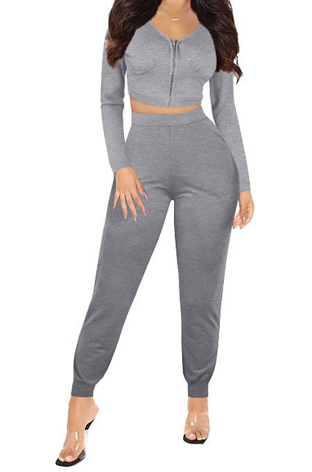 Wine Red Womwn Autumn Long Sleeve V Collar Zipper Pure Color Sexy Bodycon Pants Sets FMM2051-3