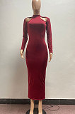 Wine Red Fashion Long Sleeve Sexy Hollow Out Solid Color Mid Waist Long Dress AYM5034-1