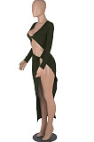 Khaki Euramerican Women Solid Color Long Sleeve Crop High Split High Waist Long Dress FMM2081-5