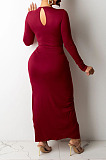 Army Green Euramerican Women Solid Color Long Sleeve Crop High Split High Waist Long Dress FMM2081-4
