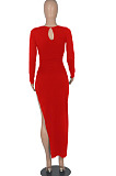 Black Euramerican Women Solid Color Long Sleeve Crop High Split High Waist Long Dress FMM2081-3